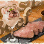 Niku Kafe Ando Baru Monsuta-Bi-Fu - 肉バル自慢の熟成肉です(/・ω・)/脂身の無いイチボ肉は熟成しているから柔らかく、肉のうま味が凝縮しております。