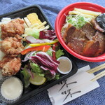 まぼろし海鮮 陸奥 - 鶏のからあげ弁当500円、牛カルビ焼肉丼600円