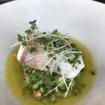 表参道うかい亭 - ランチコース１４３２０円。紅葉鯛 ブロッコリーのマリニエール。ブロッコリーとムール貝の旨味たっぷりのソースが、とーっても良かったです（╹◡╹）（╹◡╹）