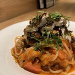 Tomato sauce pasta with conger eel and grilled eggplant