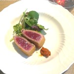 La Brianza - 大間のマグロフリットロメスコ添え。大間のマグロ、ミディアムレアに火が入っているいろんな美味しさ楽しめた一皿。しっとりレアな部分とさっくり衣と火の入った箇所、食感も味わいも違いがありおいしさ広がる☆