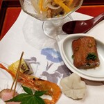 無庵 - 秋刀魚南蛮漬け・海老芋もみじ・むかご黄身焼・手長海老唐揚げ・合鴨ロース・地魚角煮