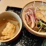 Kappou Takeda - 左はホロッと柔らかい鱧と玉葱の冷たい煮物、水茄子とスライスオニオンのサラダはポン酢風ドレッシングでサッパリと