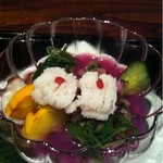 鱧と胡瓜、茄子、ズッキーニ、蛸を柴漬け風に。