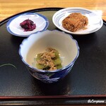 Shikino Aji Chinri Yuutei - 蕗と鯖生利節の含め煮､柴漬け､北上ｺﾛｯｹ