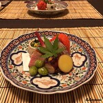 御料理 寺沢 - 新銀杏素揚､鴨ﾛｰｽ､蛸桜煮､松茸と野蜀葵､丸十蜜煮､太刀魚焼､ﾎﾛﾎﾛ鳥 白ﾚﾊﾞｰ味噌漬､無花果