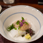 鳥田中 - 2020.10 お造り（淡路カワハギ、脱水したカワハギの肝、江戸前アオリイカ）