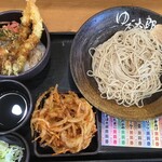 ゆで太郎 - 得セット水曜日”ミニ海老舞茸天丼セット”600円にクーポンでかき揚げ100円が無料(2020.9.30)