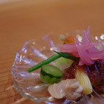 魚菜料理 縄屋 - 万願寺唐辛子(まんぐわんじたうがらし）、賀茂茄子（かもなす）、雉子羽太(きじはた)