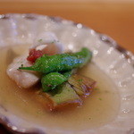 魚菜料理 縄屋 - 万願寺唐辛子(まんぐわんじたうがらし）、賀茂茄子（かもなす）、雉子羽太(きじはた)