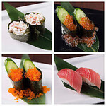 Spilled sea urchin Sushi /spilled salmon roe Sushi /salmon Sushi /steamed shrimp Sushi