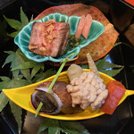 新和食 きくい - 季節の前菜 山形牛ローストビーフ,炊き合わせ(鱈白子,紅蒟蒻,筍,バイ貝)