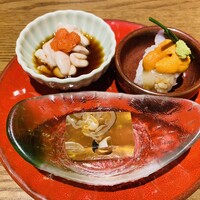 焼きふぐ 優ふく 北新地店 - 前菜○白子ポン酢○雲丹てっさ寿司○河豚皮の煮凝り