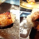 やきにく道場 - 丸腸一本漬け（焼き上がった後、ハサミで切って頂く）