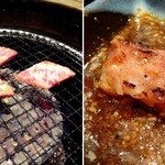 やきにく道場 - 道場カルビ（左：焼いている図、右：焼いた図）