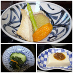 古材の森 - ◆季節野菜の炊き合わせ・・これも薄味。 ◆豆乳の葛寄せ、醤油麹・・豆乳はプルプル食感。醤油麹の味わいがいいですね。 ◆香の物