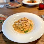 イゾラ ブル - マルタデッラハムとズッキーニ,トマトクリームソースのスパゲッティ