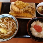 丸亀製麺 - かけ(並)、天丼用白ごはん+明太子、いか天、かしわ天、かれい天、雪国まいたけ天