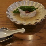 魚菜料理 縄屋 - 万願寺唐辛子と賀茂茄子とあこう（赤魚鯛）のスープ仕立て