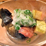 天ぷら処 こさか - お通し（鶏肉・小ナス・ズッキーニの揚げ浸し）（２０１２年７月）