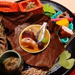 御料理 竹寳 - 八寸・燻製鯖黄身餡挟み、エビ、雲子焼き、むかご、銀杏/おろし大根、ブラウンしめじ、蕪なます、かぼちゃ種、松茸、玉子、、、etc、