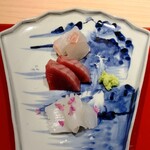 御料理 竹寳 - 向付・クエ、ひらぞま（？）、イカ