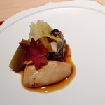 御料理 竹寳 - 酢の物・舞茸の三杯酢寄せ、あん肝、山くらげ、紅芋紅葉、さつま芋銀杏の葉