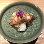 もと井 - 三河産車海老と天狗ナス　紫蘇の花がいい香り