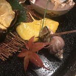 御料理 無窮 - 八寸　栗、つぶ貝、鰆、筋子、あん肝、シメジ、煮凝り