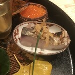 御料理 無窮 - 八寸　栗、つぶ貝、鰆、筋子、あん肝、シメジ、煮凝り