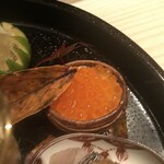 御料理 無窮 - 八寸　栗、つぶ貝、鰆、筋子、あん肝、シメジ、煮凝り