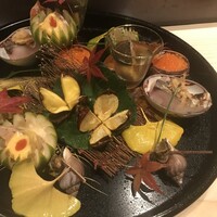 御料理 無窮 - 八寸　栗、つぶ貝、鰆、筋子、あん肝、シメジ、煮凝り