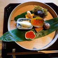 御料理ふじ居 - 八寸   この 栗 全て食べられます 
                    茶そば で いがいが 作ってます