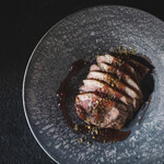 Roasted duck with dukkah and rhubarb sauce