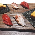 Ebisu Sushi Shiorian Yamashiro - 握り　マグロの漬け・かます炙り・うに…マグロの漬けはねっとり・カマスの皮目がパリ・うにはとろりと次々いただきました。