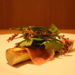 RISTORANTE IL NODO - 小田原 志村さんのマコモダケ 柳蓼、生ハム添えアップ