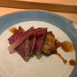 割烹 一楓 - 和牛の西京焼き　照り焼き風タレ 赤身の和牛、ほどよい食感、美味しいです。味がしっかりついていました。あん肝、嬉しい。