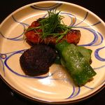 日本料理 晴山 - 【目鯛の赤ワイン焼、ゴボウの餅、万願寺獅子唐の玉ねぎソースがけ】★2012/7