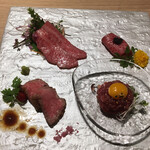 和牛 まつした 吟匠邸 - 日本三大和牛を贅沢に使用した刺身盛り合わせ(左上がフランク)