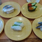 かっぱ寿司 - とろ〆さば、いくら・とびこ二種盛り、とろサーモン塩炙り、あん肝軍艦、えんがわ、〆いわし