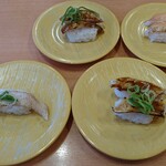 Kappa Sushi - はまち焦がし醤油炙り、焼きサーモン、はまちはらみ炙り、まぐろ焦がし醤油炙り