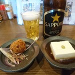 野の茶 - ビール、突き出し、嶺岡豆腐