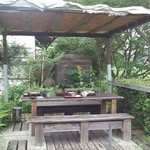 ダッタン蕎麦 寿庵 - 頂いたテラス席　一応雨よけのシートが