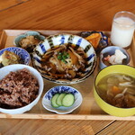 あんだんち食堂 - あんだんち御膳1,320円(税込)
寝かせ玄米®、お味噌汁、主菜、副菜４品、漬物、「結わえる」の玄米甘酒、かさいくんちのごぼう茶付き