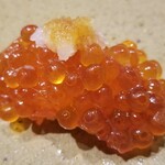 鮨匠 のむら - (26)筋子(北海道産)
      海のTKG、筋子はのむら特製出汁醤油に30秒潜らせてあります
      プリプリで鮮度が良く、味わいも濃い！
      いつも抜群に美味しい♪