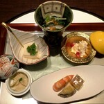 一心 - 前菜（お浸し、いくら、柿白和え、湯葉有馬煮、福良鮑、海老芝煮）