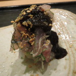 虎白 - 鯵と餅米、土佐酢で漬けた胡瓜と　海苔のソースで