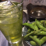 Shibaura Horumon - 緑茶ハイ、お通しの枝豆