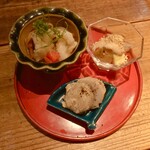 酒井商会 - 無花果とうどの甘酢漬け、鱧とえのきの南蛮酢、石川小芋の黒七味揚げ