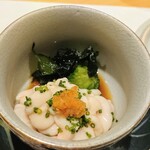 Sushi Haru - 白子ときゅうりのわかめの酢の物、ポン酢ともみじおろし